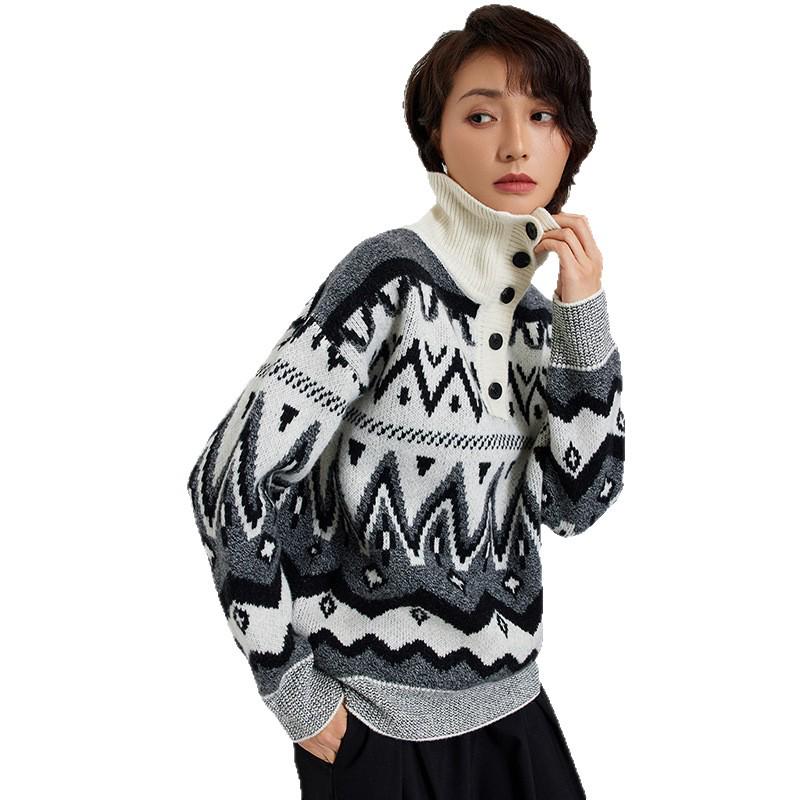 Women's Pure Wool Jacquard Knit Cardigan with Lapel - 2025 Autumn/Winter Elegant Thick Base Layer Sweater