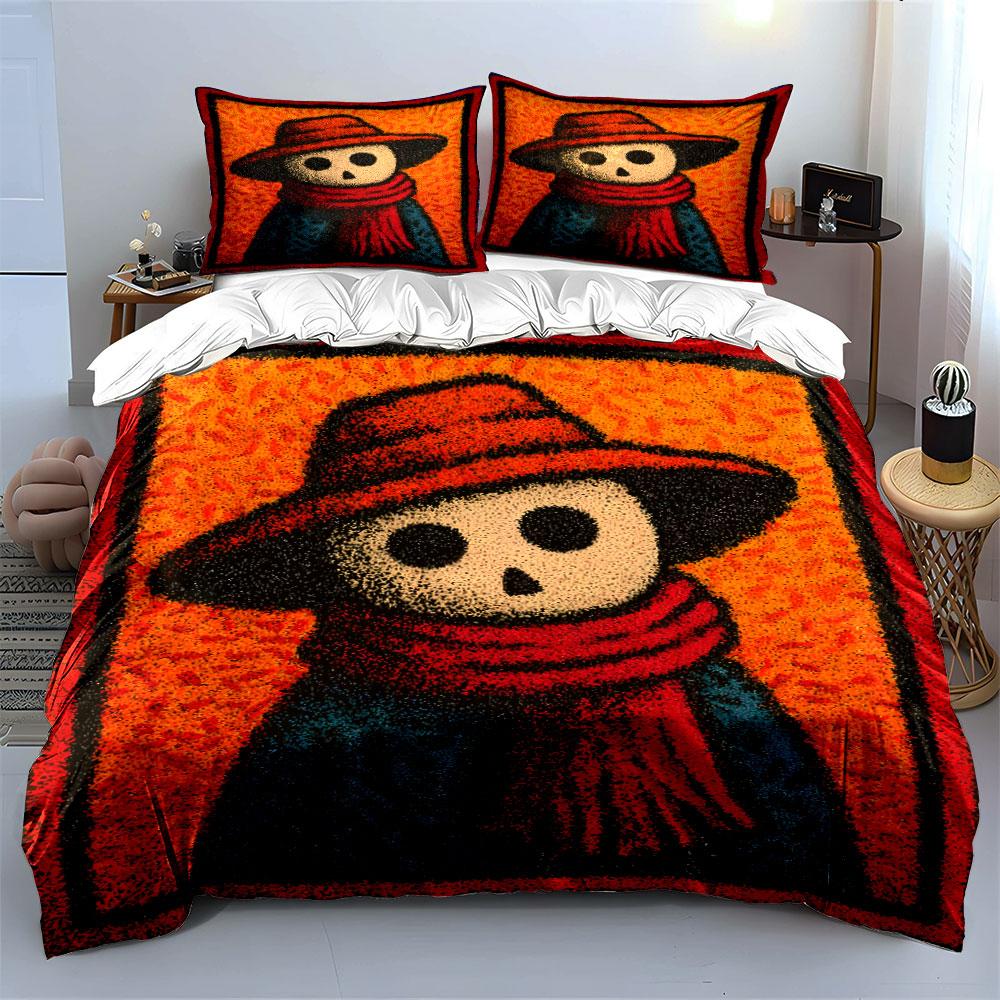 Skeleton in Red Hat and Scarf Bedding Duvet Cover Set (1*Duvet Cover 2*Pillowcases, without duvet insert)