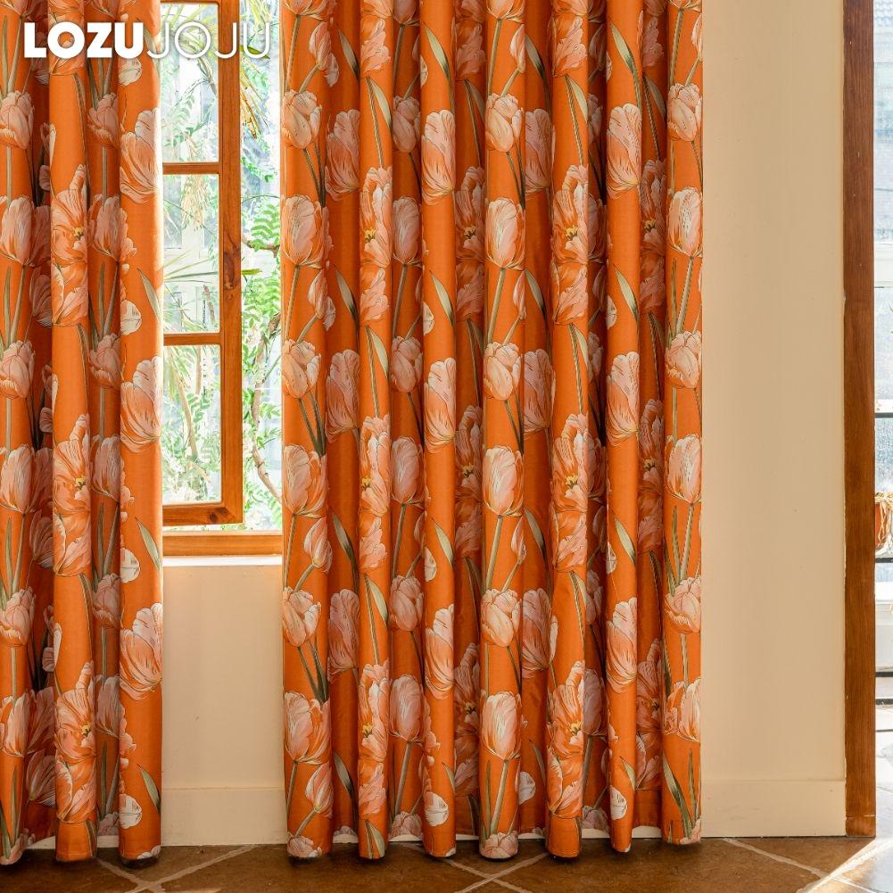 1PC LOZUJOJU European Style Orange Tulip Printed Curtains Fully Blackout Curtain for Bedroom Living Room Balcony Window for Home Decor