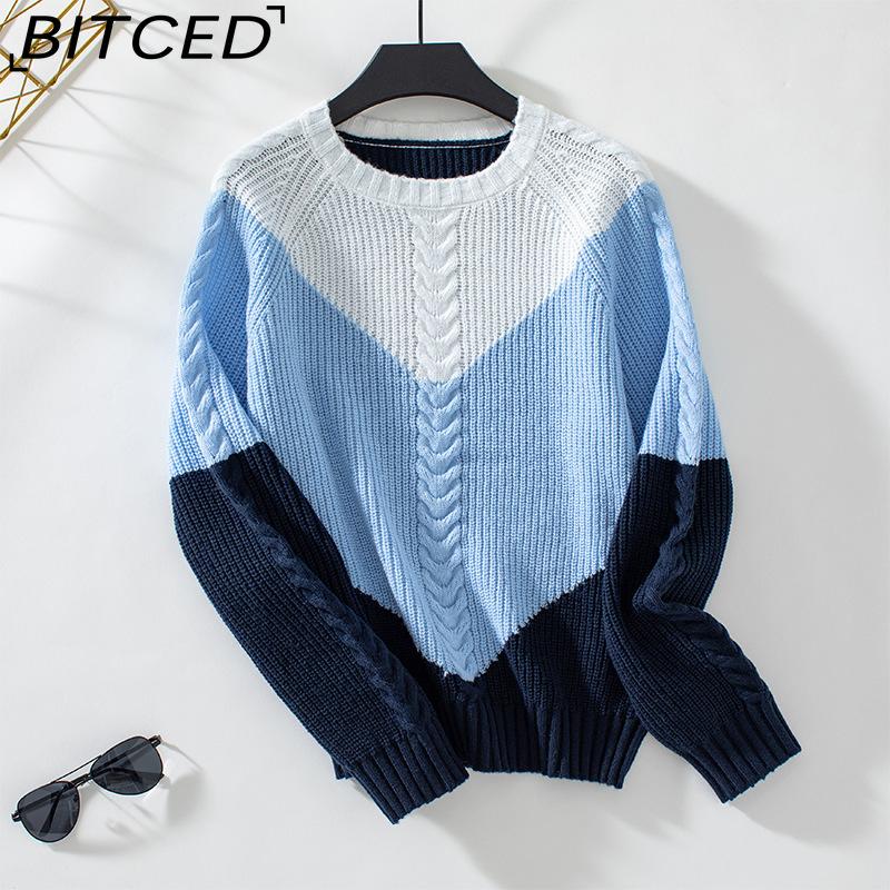 BITCED Colour-Blocked Cable-Knit Women's Sweater Autumn/Winter Vintage Oversized Pullover Knit Top