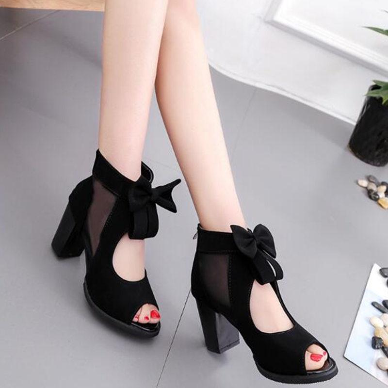 Kvinnor Loce Bowtie Dragkedja Chunky Heel Platform Skor Modepärlor Hollow Out Peep Toe Pumps
