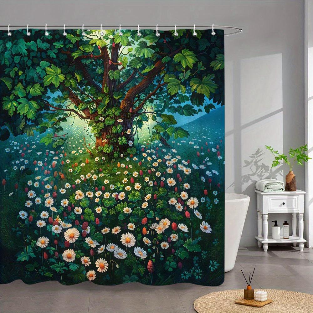 Enchanted Forest Print Waterproof Shower Curtain, Lush Greenery & Wildflowers Design High-End Toilet Partition Curtain
