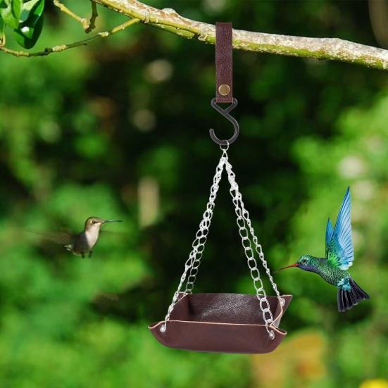Hanging Bird Feeder Outdoor Hummingbird Feeders Faux Leather Feeding Tray Metal Mesh Attracting Wild Birds Square Platform