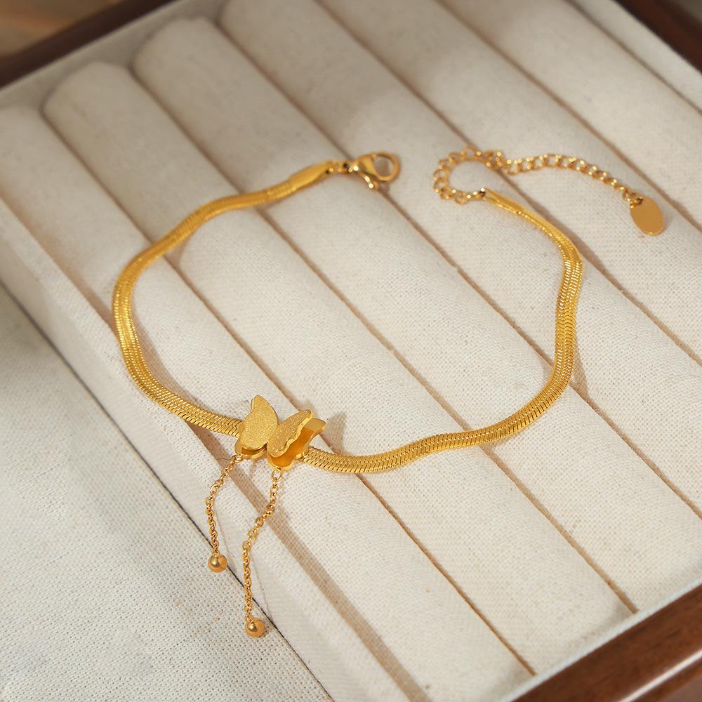 European & American Luxury Titanium Steel Butterfly Anklet, 18K Gold-Plated