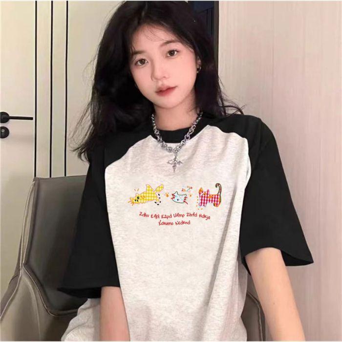 College Style Outfit with Large Size Rag-shoulder Color Block Short-sleeved Cotton T-shirt for Girls In Spring and Summer New Loose Round Neck Top