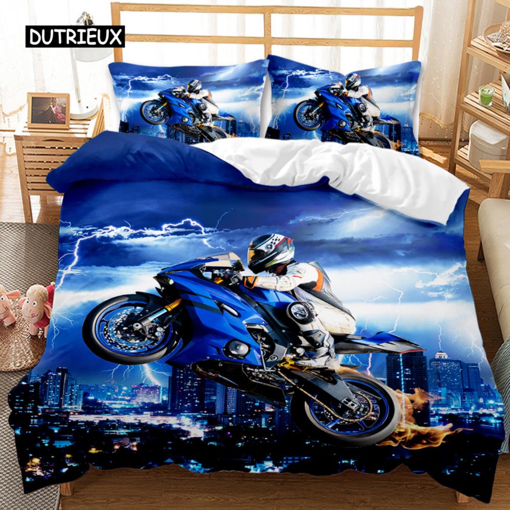 Motorbike Duvet Cover Set Motocross Rider Racing Motorcycle Dirt Bike Bedding Set Vehicles Extreme Sports Polyester Quilt Cover