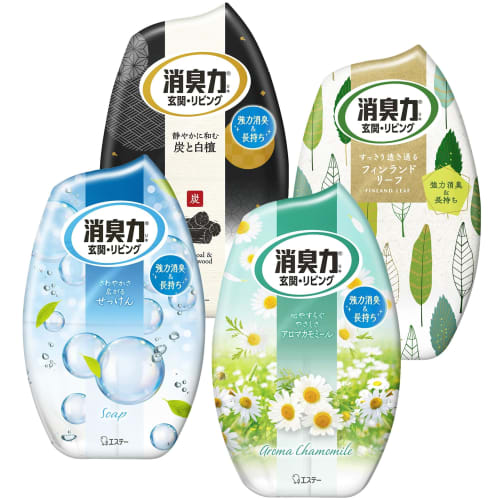 

Deodorizer, 4-Scent Assortment Pack for Entryways, Living Rooms, and Rooms (Soap, Aromatherapy Chamomile, Charcoal and Sandalwood, Finland Leaf), 400m