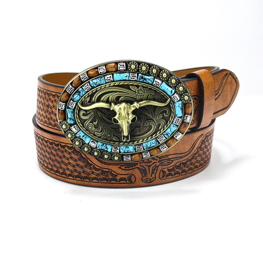 Western Denim Belt Bull Head Large Board Buckle Retro Men'S Punk Leather Belt