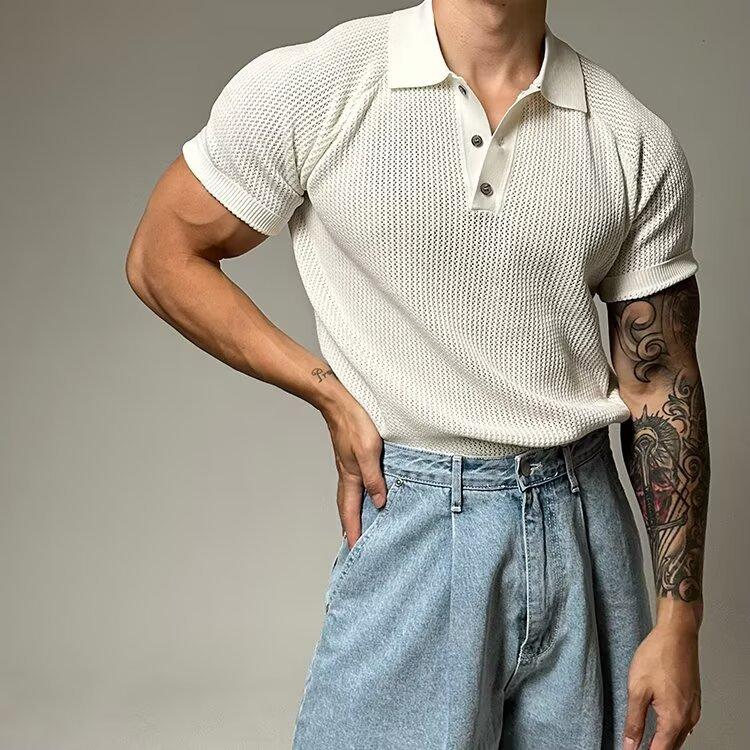 New Summer Short-Sleeve Knit Shirt for Men, Hollowed-Out Casual Breathable POLO Shirt M