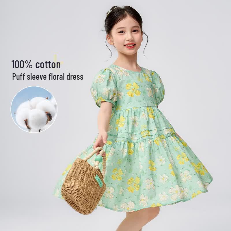 Yuan Yuan Princess Girls  Floral Cotton Puff Sleeve Dress 110