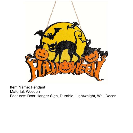 Party Supplies for Halloween Wood Door Hanger Sign, Pumpkin And Black Cat Printed, with Hemp Indoor Holiday Plaque Rope Lanyard, Decorative Wall