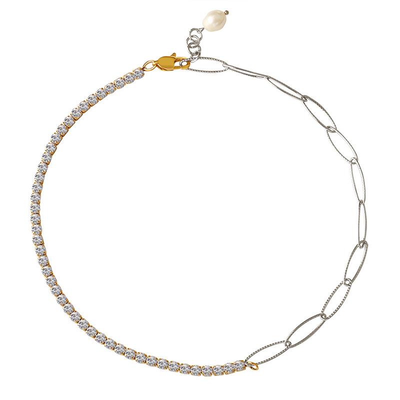 Splicing Chain Inlaid Zircon Freshwater Pearl Pendant Necklace Niche Design High-End Clavicle Chain