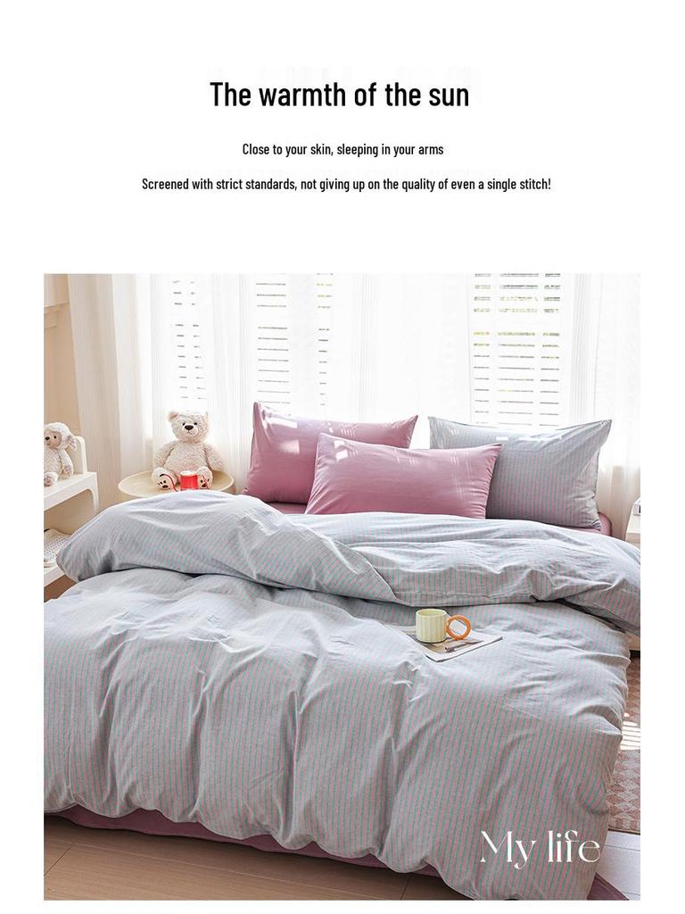 New Woven Cotton Pure 4-Piece Bedding Set: Skin-Friendly Pillowcase & Fitted Sheet