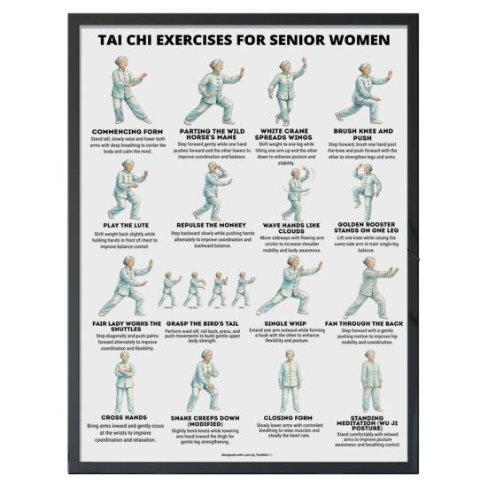 Plakát Tai Chi na židli Bez rámu Plakát s Tai Chi sestavou Jasné vizuální pokyny Tabulka cvičení vsedě pro seniory Začátečníky Jemné židle