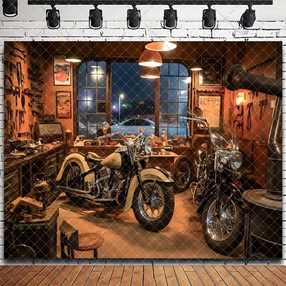 Retro Motorcycle Garage Workshop Theme Backdrop Vintage Hot Car Garage Party Decorations Nostalgic Photography Background Gifts2657