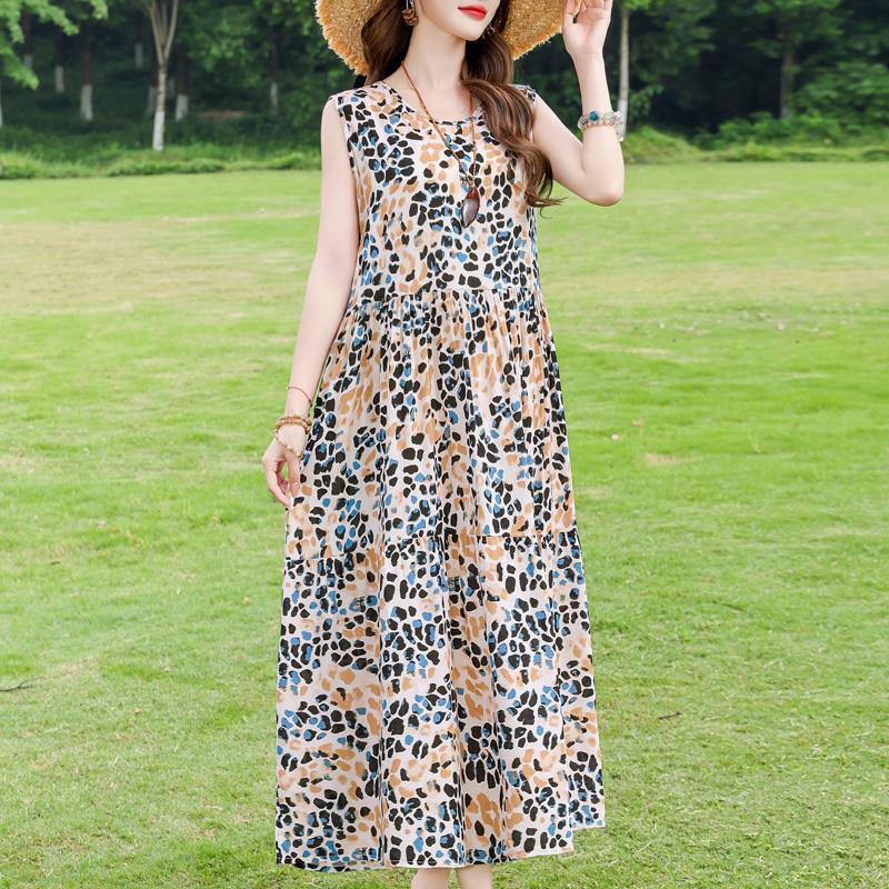 Elegant Sleeveless Dress for Women Plus Size Loose Vintage Print Long Dress Summer Middle-aged Women's Clothing