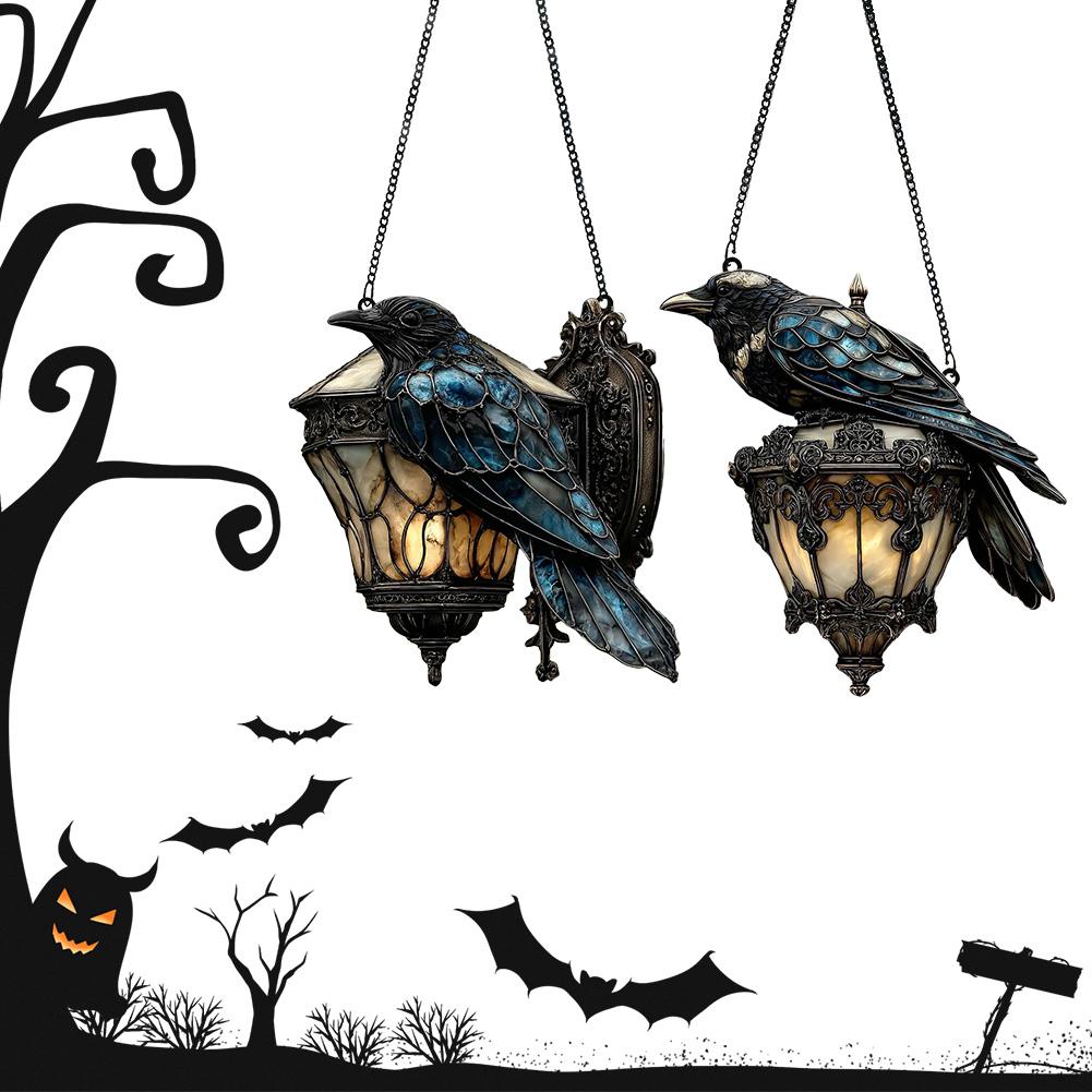 Halloween Crow Lantern Suncatcher Decoration Acrylic 2D Flat Window Hanging Decoration Raven Hanging Ornament Halloween Decor