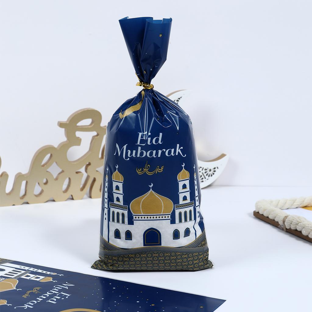 50pcs Eid Mubarak Gift Bag With Rope Party Plastic Gift Candy Bag Ramadan Kareem Decor Islamic Muslim Party Supplies Eid Al-fitr