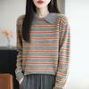 Women's Retro Wool Stripe Lapel Sweater - Polo Collar Knitwear for Autumn/Winter Styles
