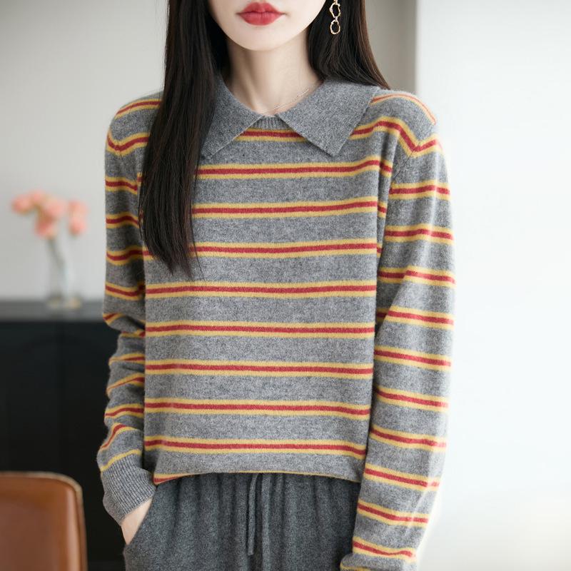 Women's Retro Wool Stripe Lapel Sweater - Polo Collar Knitwear for Autumn/Winter Styles