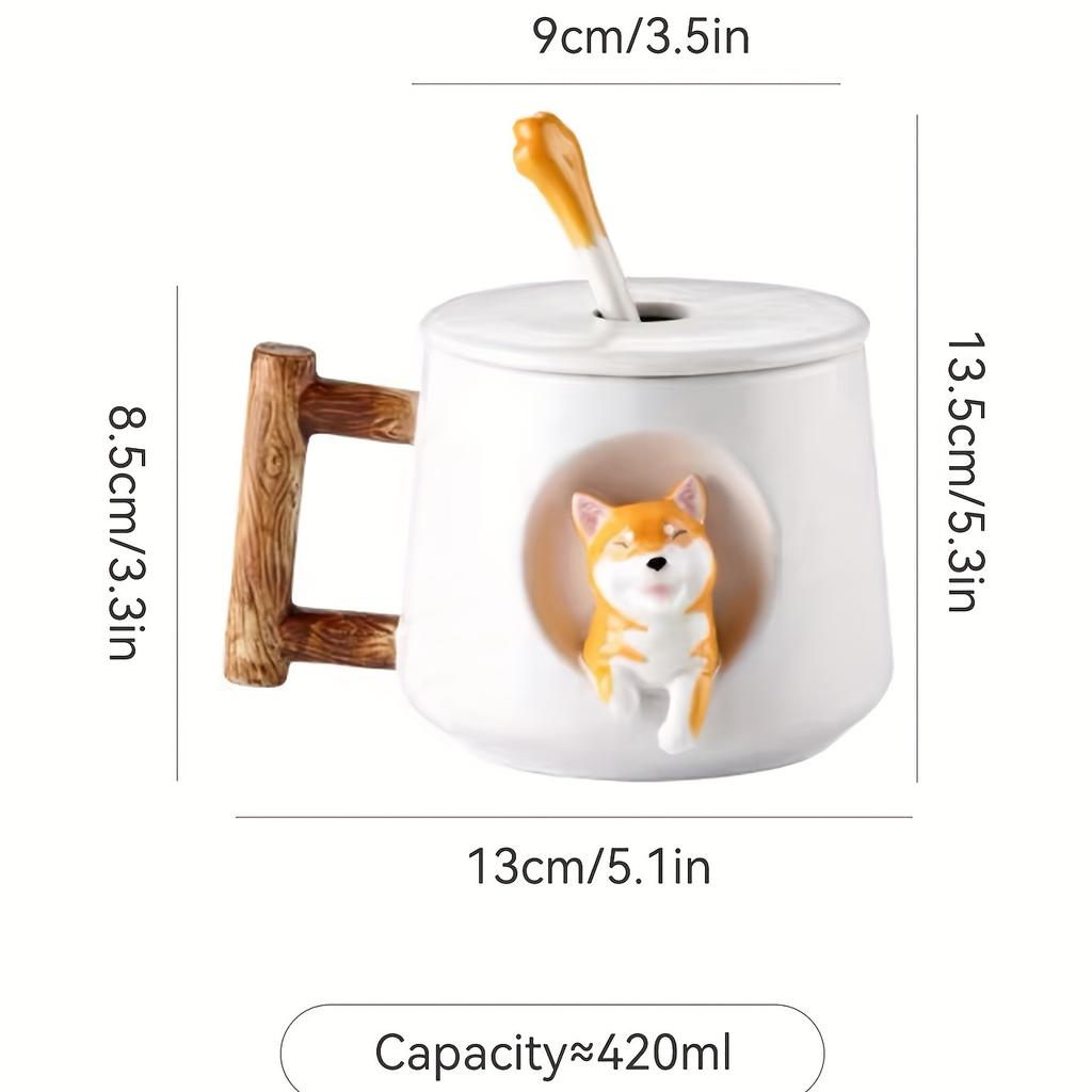 3D-Kaffeetasse mit süßer Hundestatue mit Deckel und Löffel, Teetassen mit 14,2 Unzen Keramikgriff, bemalte lustige Welpenfiguren-Tassen, Geburtstagsgeschenke, Trinkbecher