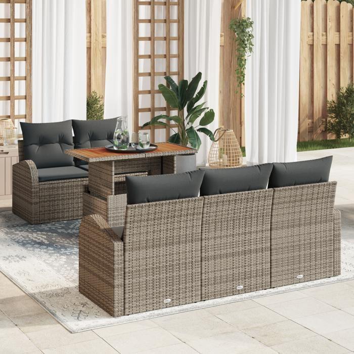 VidaXL Ensemble de salle à manger de jardin 6 pièces avec coussins en poly rattan gris et acacia 3349523