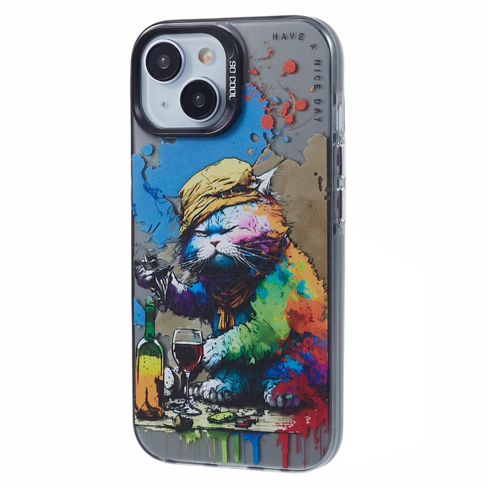 

For iPhone 15 Cartoon Graffiti Case PC+TPU Protective Phone Cover Drinking Cat