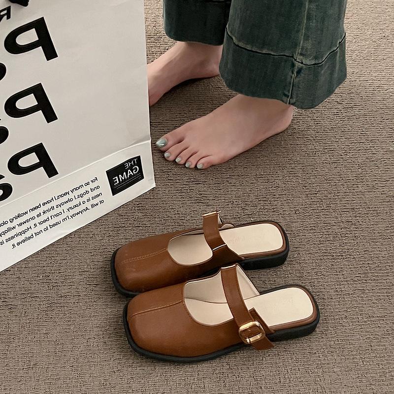 2024 Square Head Korean Version Belt Buckle Empty Single Shoes Sandals Spring New Lazy Slippers Fashion Bag Head Half Slippers