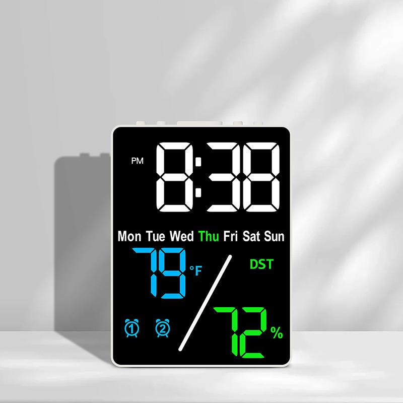 Digital Alarm Clock with Temperature Humidity Week Date Snooze 2 Alarms 3-Level Brightness LED Table Clock 12/24H DST Su