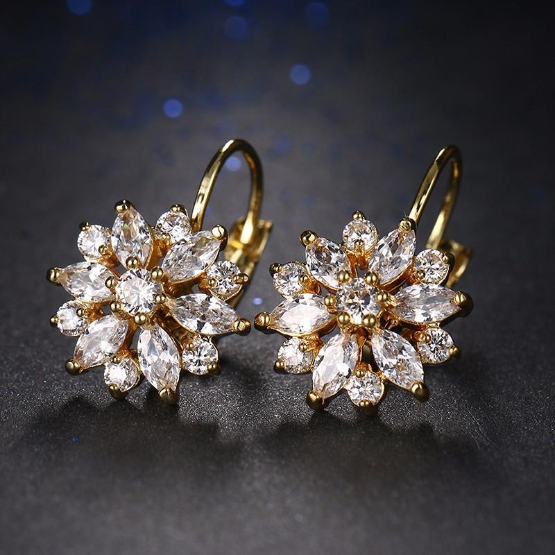 Colorful Lotus Flower Drop Earrings for Women 18K Gold Plated Crystal Cubic Zirconia Flower Earrings Elements Bridal Zircon золотой