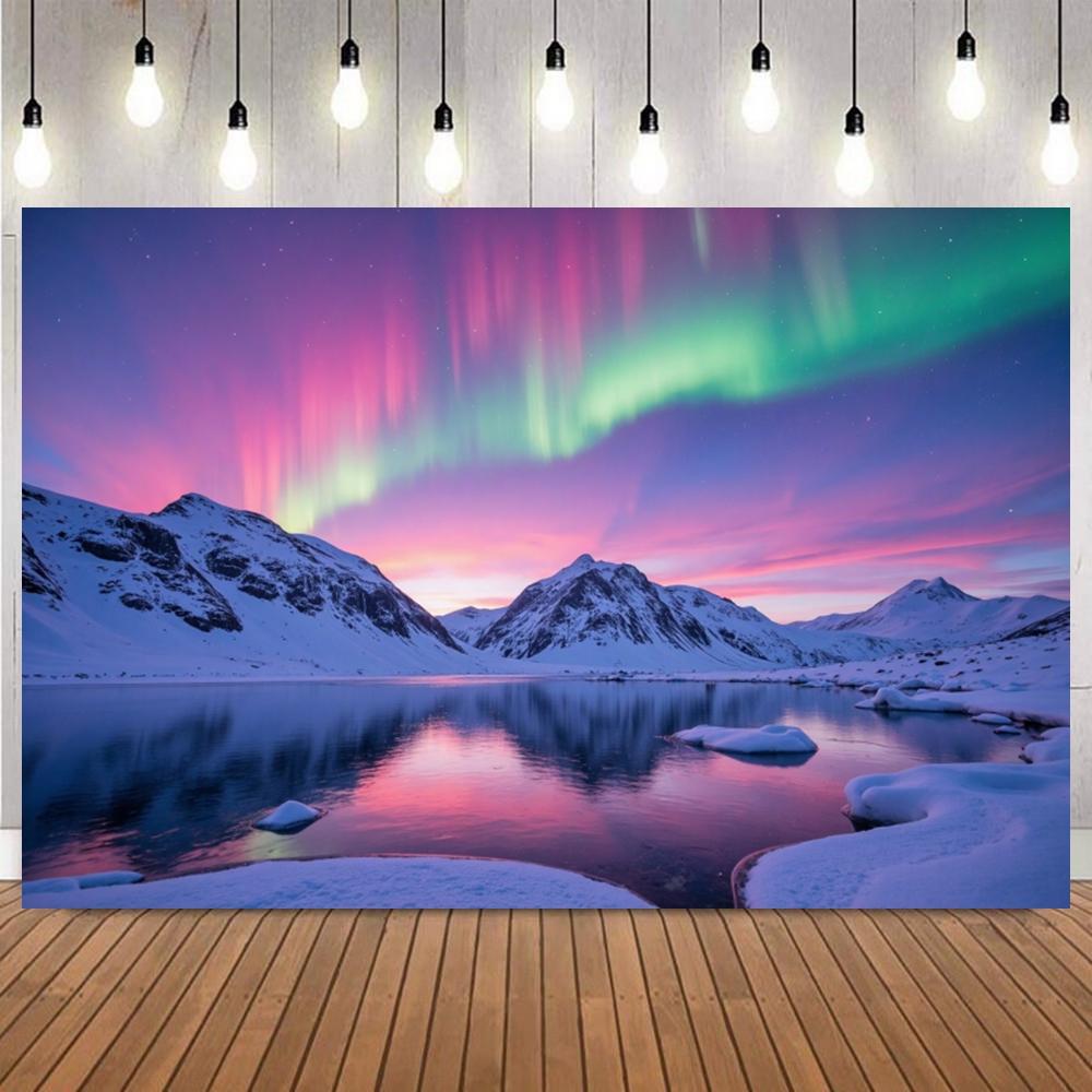 Aurora Forest Snow Mountain Photography Background Lake Scenic Winter Natural Landscape Photo Backdrop Studio Props Wall Decor1