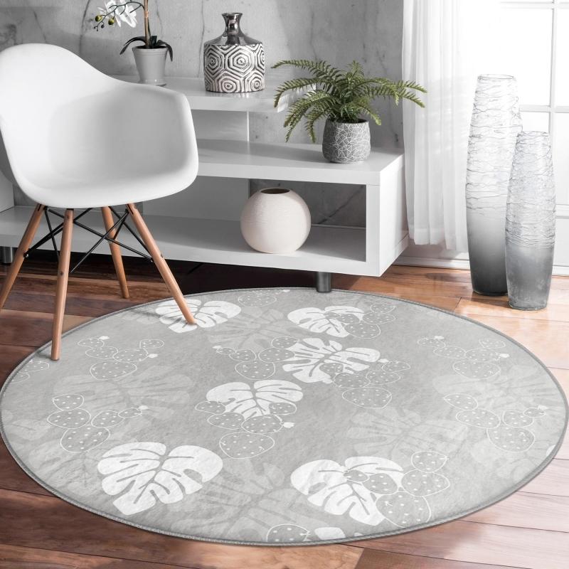 

Современный круглый ковер для коридора и прихожей с цифровым принтом белого листа и моющимся нескользящим основанием на сером полу