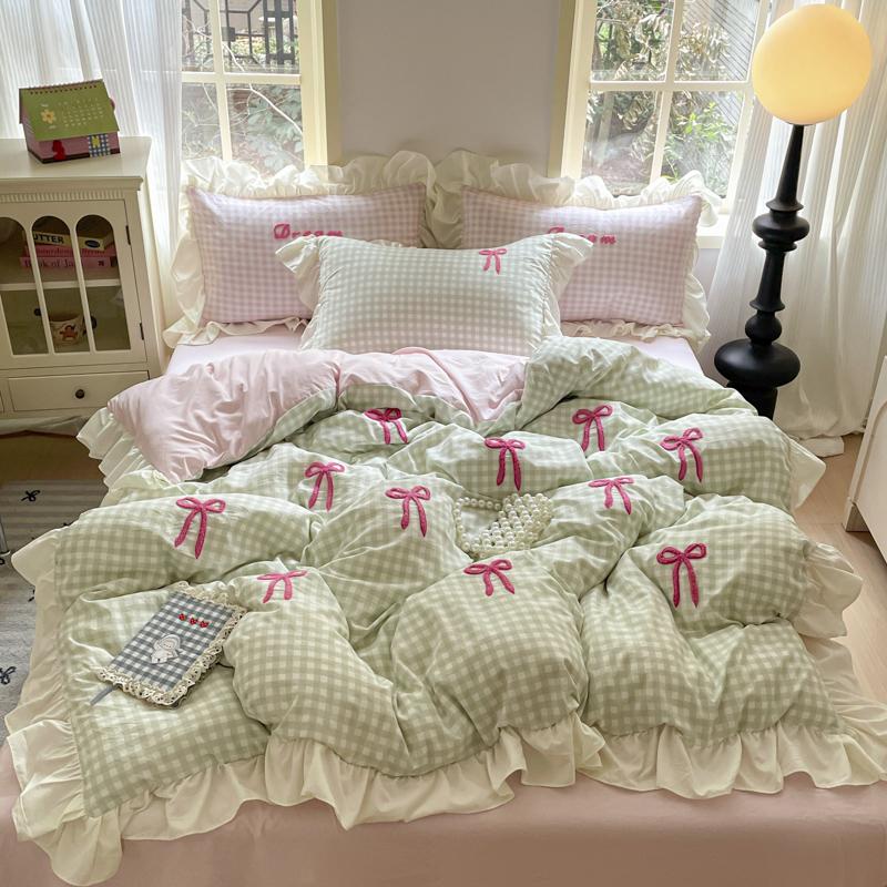 Korean Style Bedding Sets  Pink Grid Bow Quilt Cover Romantic Bed Sheet Sets Woman Girls Bedroom Duvet Cover 4pcs