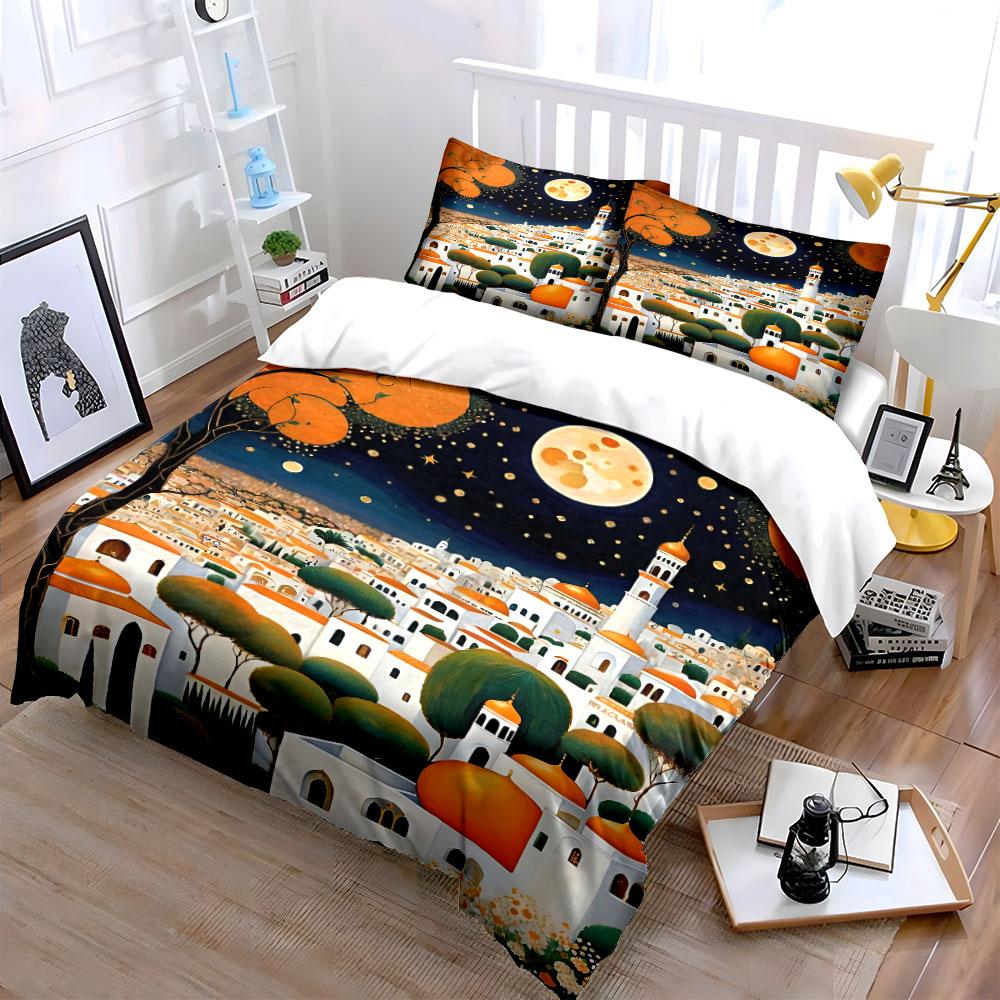 Moon, stars, buildings, trees. Bedding sets Duvet cover sets Duvet covers Pillowcases(1 * Duvet Cover 2 * Pillowcases without duvet insert)