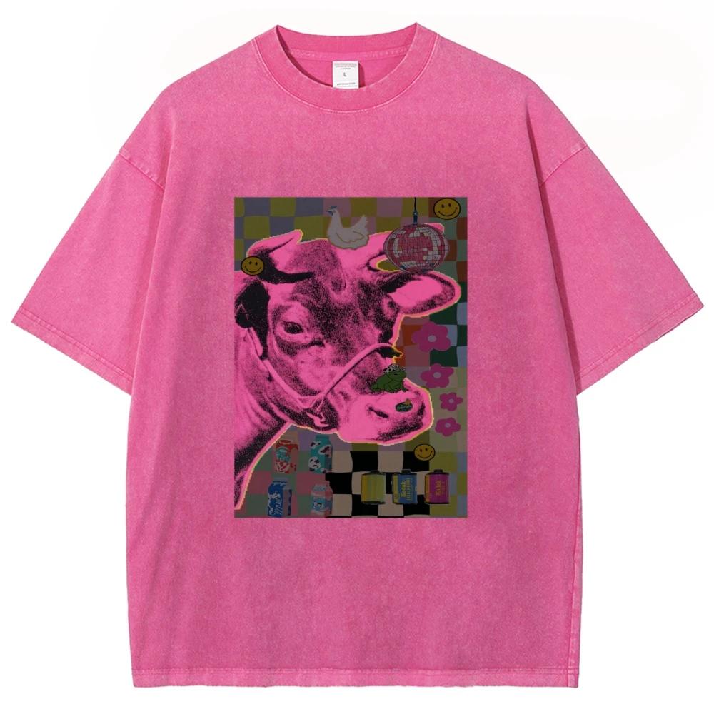 Cool Funny Pink Cow T Shirt Unisex Tees Top Men Women Short Sleeve T-shirt Streetwear Harajuku Graphic Cotton T Shirt