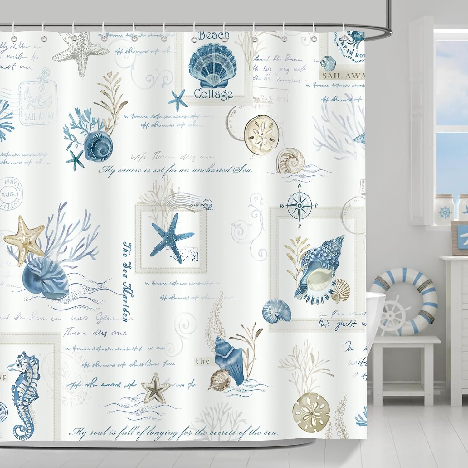 

Nautical Coast Blue Starfish Shell Shower Curtain 180 x 180cm Polyester Waterproof Mildew Washable Shower Curtain with 12 Hooks W90xH180cm