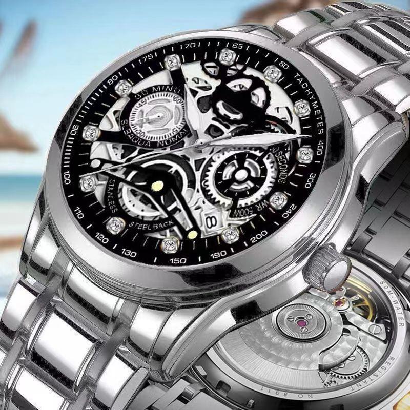 Men'S Automatic Waterproof Luminous Hollow Fashion Fake Mechanical Watch Through The Bottom