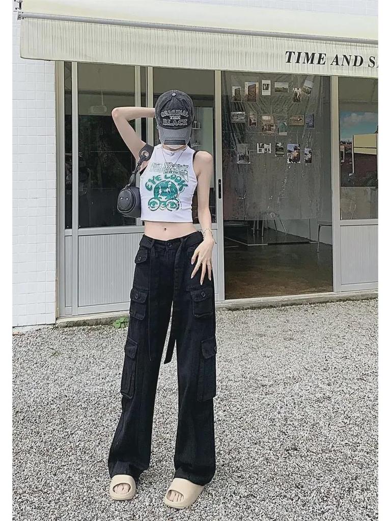 2024 Women's Retro Multi-Pocket Distressed Work Pants: Street-Style Slimming Straight Leg Long Trousers