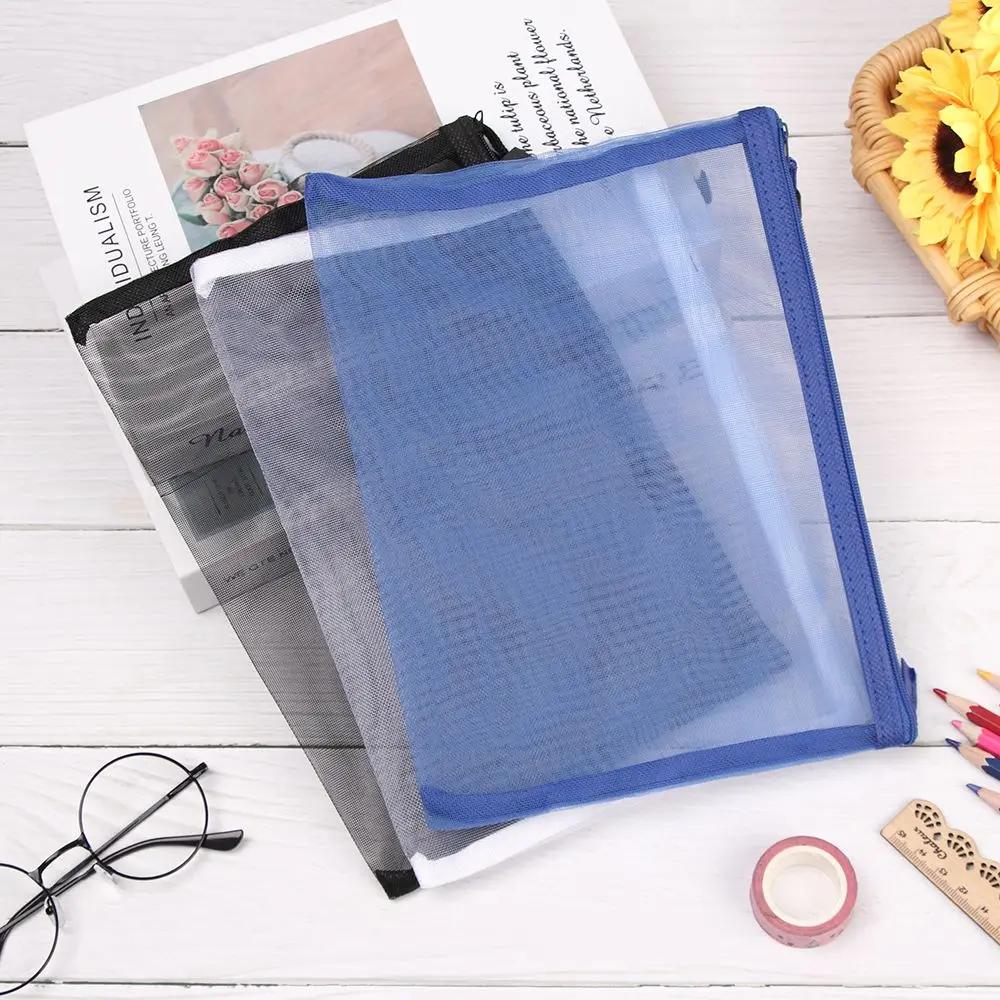 Nylon Zipper Pencil Case Mesh Pen Bag Makeup Cosmetic Storage Transparent Grid Coin Purse Solid Color Fashion Gifts Supplies