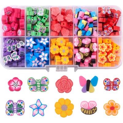 200 Stück Mehrfarbige Polymer Clay Blume Schmetterling Rose Bunte Perlen Frühlingsthema Lose Zwischenperlen für Schmuckherstellung