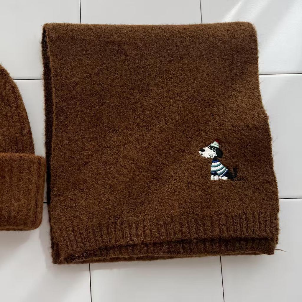 Puppy Embroidered Scarf, Hat, Headgear, Female Autumn and Winter Warm Face Small Knitted Wool Hat Outdoor Leisure