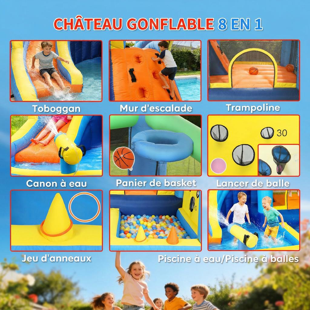 Inflatable Castle, 8-in-1, Blower, Water Park, Slide, Trampoline, Ball Pit, Multicolored