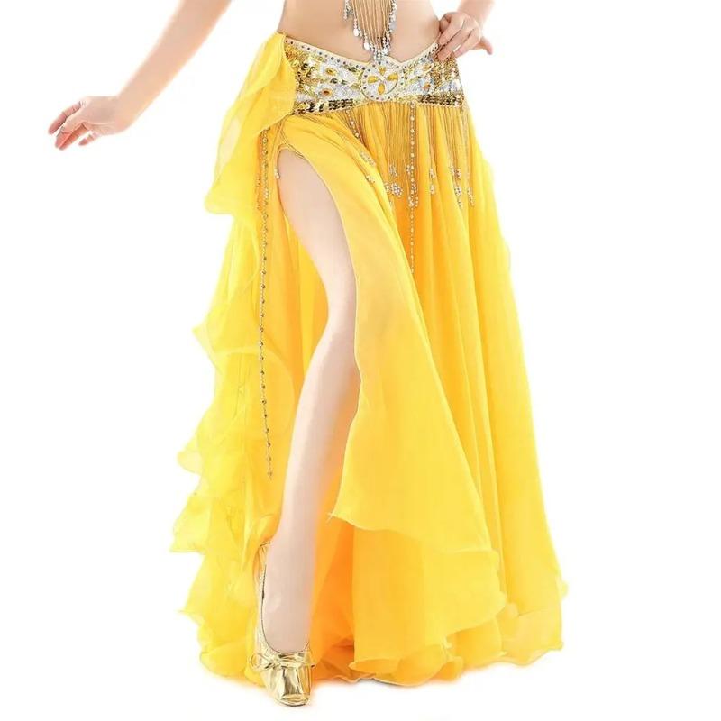 Belly Dancing Skirt Women Chiffon Spanish Skirt Shiny Sequins Tassels Dancing Skirt Show Costumes