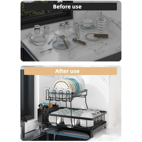 Tableware Stand Dish Drying Rack Large Capacity Double-Layer Design Anti-Rust Coating