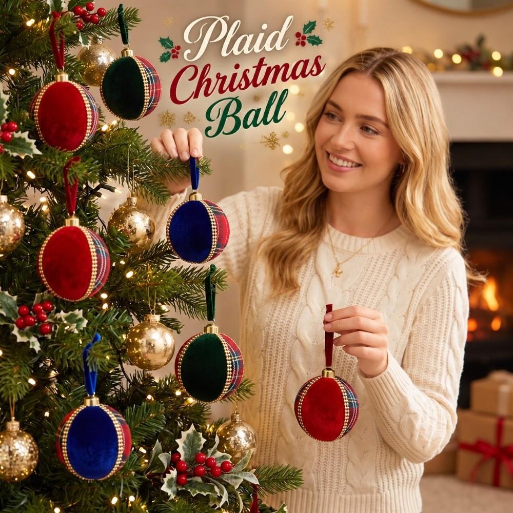 Tartan Pattern Plaid Christmas Ball Gold Trim Round Shape Foam Xmas Bauble Vibrant Colors Lightweight Holiday Hanging Decor