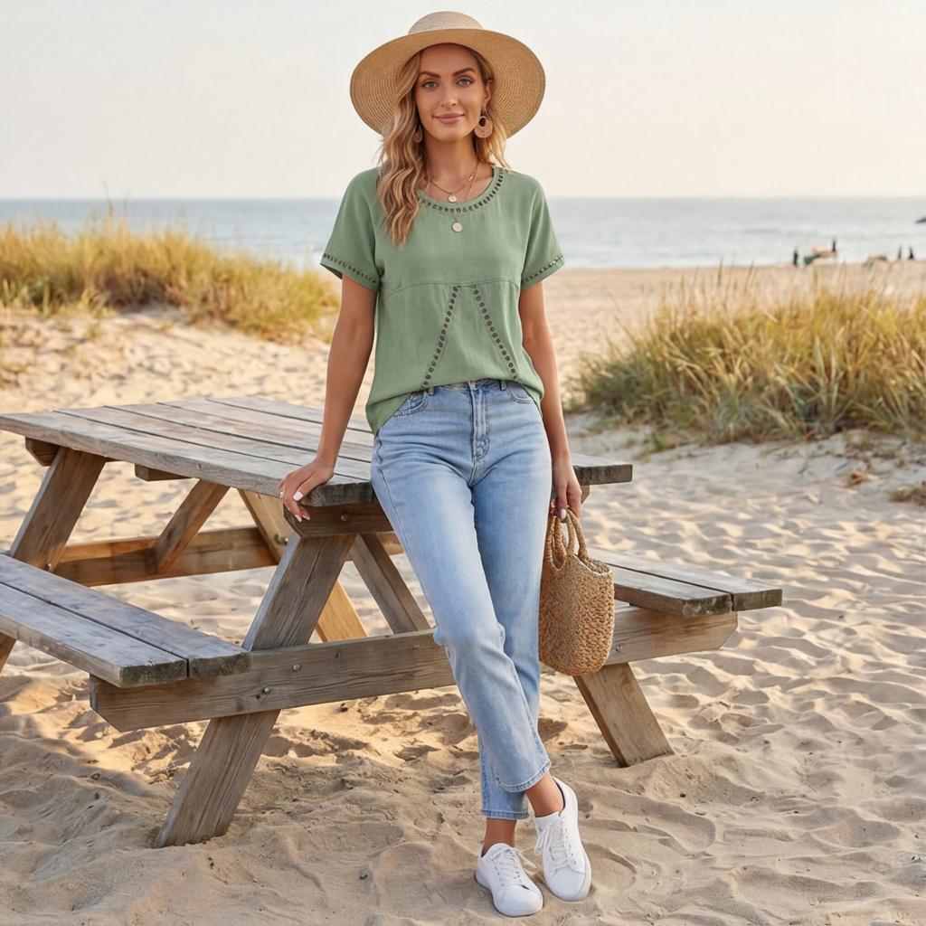 Women Casual Round Neck Shirt Hollow Out Patch Short Sleeve Top Lightweight Loose Fit Blouse for Everyday Wear