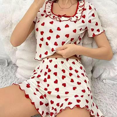 Heart Print Frill Edge Pajama Set: Summer Women's Square Neck Short Sleeve & Shorts
