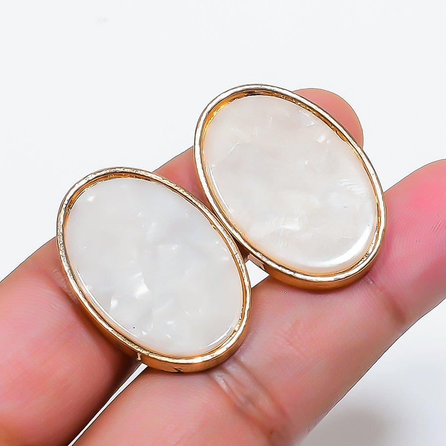 Natural Mother Of Pearl Gemstone Brass Jewelry Earring 1.18 RE-341