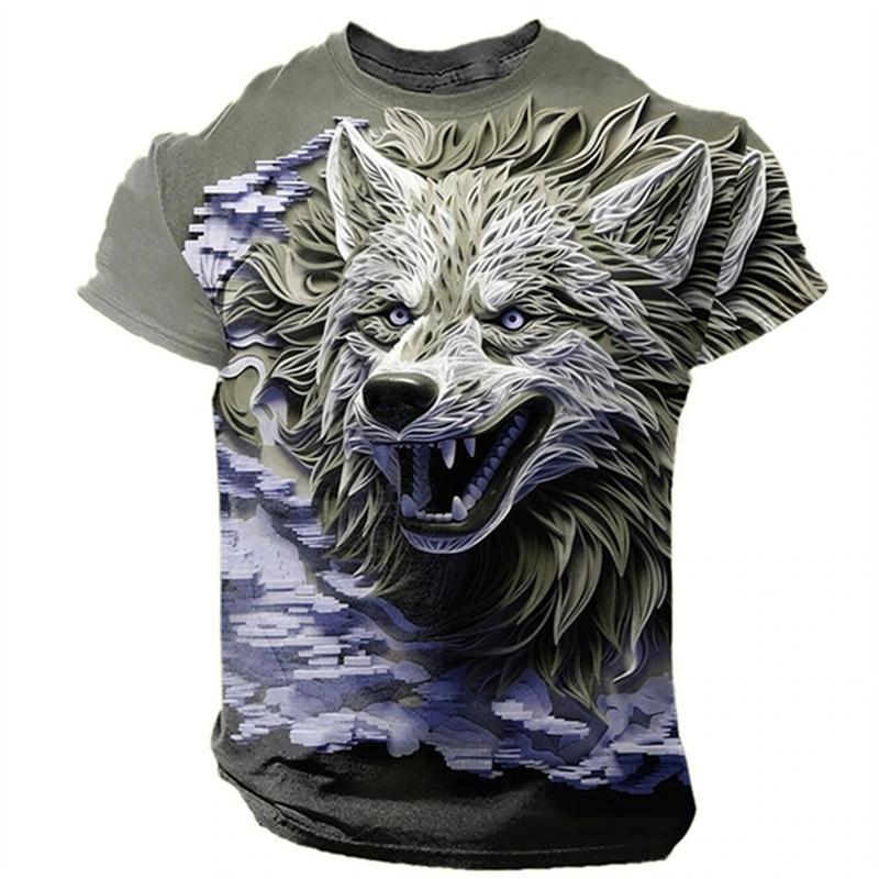 Lustiges T-Shirt mit 3D-Wolfsmuster für Männer, Hip-Hop-Trend, Harajuku, Streetwear, Mode, Animal-Print, lässiges T-Shirt mit O-Ausschnitt und kurzen Ärmeln