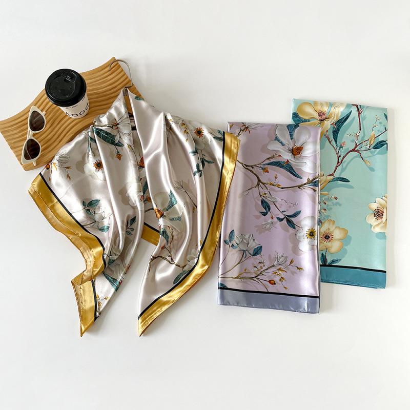 Silk Scarf Large Square Scarf Women's New 90cm Printed Vintage Wrap Scarf Satin Shawl Scarf